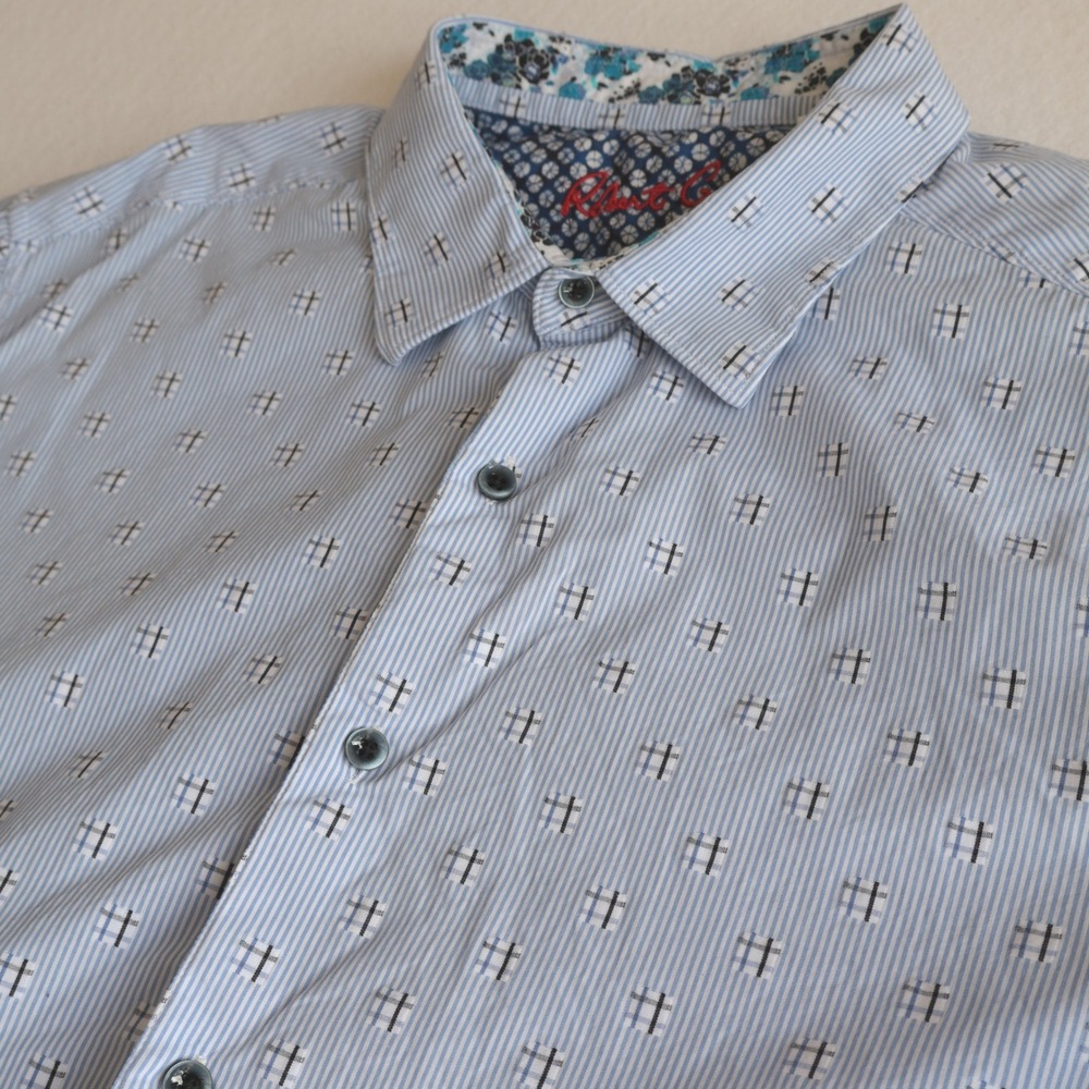 Robert Graham Mens 2XL Blue Striped Geometric Button Up Flip Cuff Shirt Classic